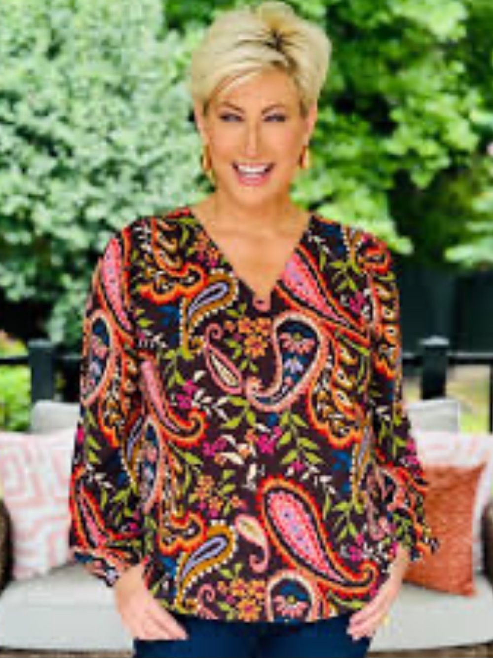 Belle Boho Kim Gravel Walnut Paisley Blouse
 V-Neck Chocolate Brown Multi XL